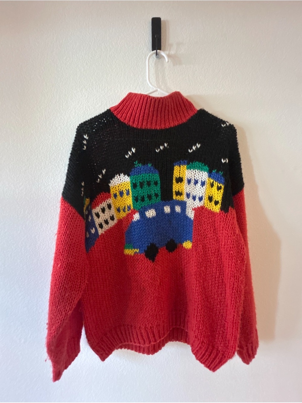 Vintage Red Cityscape Knit Turtleneck Sweater